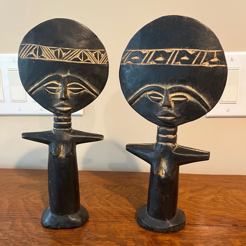 African Ashanti Fertility dolls (2), Hand carved wood statues. 10” & 11” tall